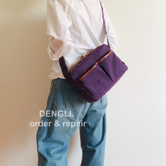 DENGLI. Pouch 單肩包/紫色x軟皮組合/折疊傘/PET瓶/長皮夾/石蠟處理帆布/ 第1張的照片