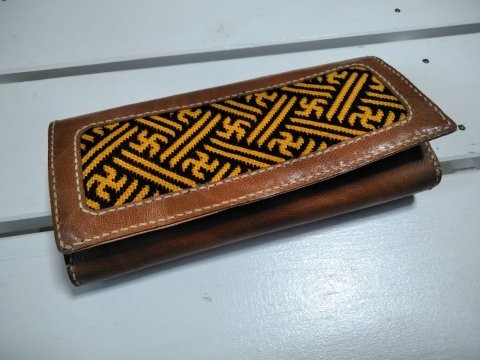 ラグ生地ハンドメイド多色ストライプ模様 本革手縫い長財布 ラグ生地ハンドメイド多色ストライプ模様 本革手縫い長財布