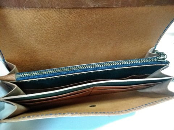革の長財布　レザークラフト　手縫い 　青　ブルー 2枚目の画像