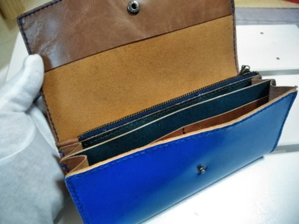 革の長財布　レザークラフト　手縫い 　青　ブルー 3枚目の画像