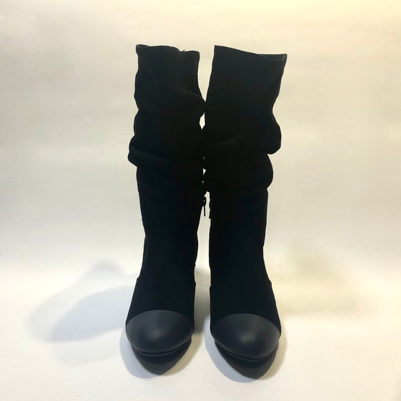 歩きやすくて暖か！バイカラー裏シャギー6cmヒールロングブーツ (ブラック × マットブラック) Mサイズ Lサイズ 2枚目の画像