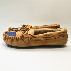 輕巧！溫暖的雙色緞帶鹿皮鞋，帶有牢固的蟒蛇（駱駝x啞光海軍）22.5cm〜25.0cm 第4張的照片