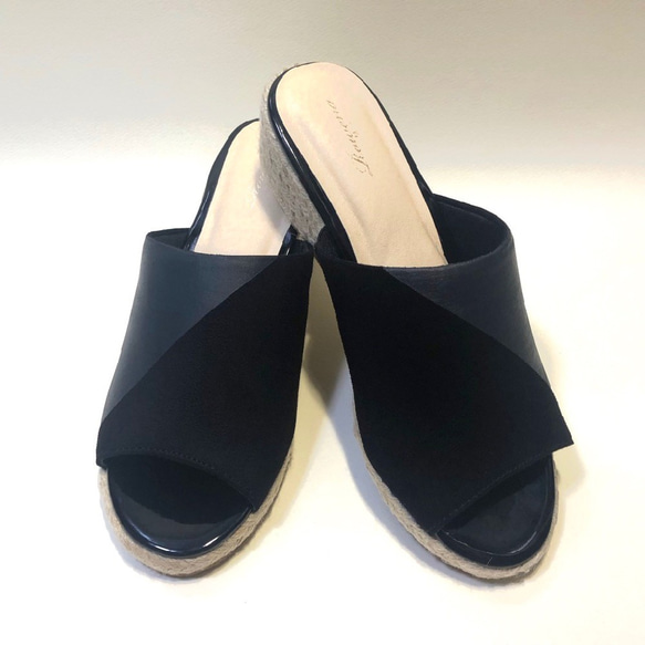 Mode 絨面革黑色穆勒鞋（x 啞光黑色）黃麻卷 7.0 厘米鞋跟 S 碼或 M 碼 第2張的照片