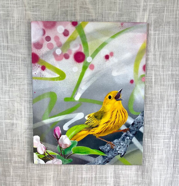 グラフィティアート【yellow warbler】キャンバス 原画40.9㎝×31.8㎝ 1枚目の画像