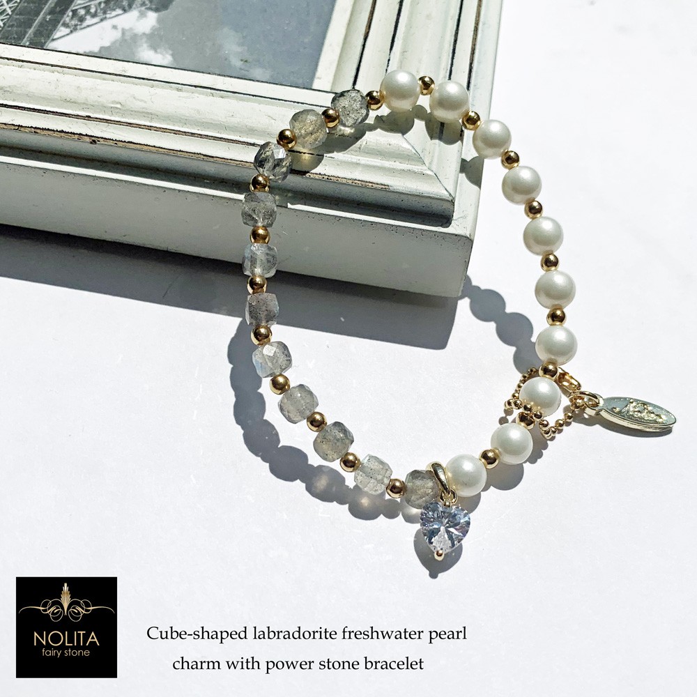 キューブ ラブラドライト 淡水パール 天然石 ブレスレット c657