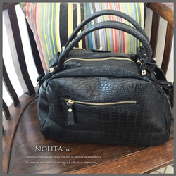 新作品！女裝側☆NOLITA M尺碼2路迷你波士頓包Croco Black 第8張的照片