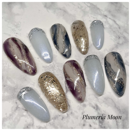 3color ニュアンス ネイルチップ ニュアンス ブラウン ネイルチップ 茶色系 乳白色 金 ゴールド