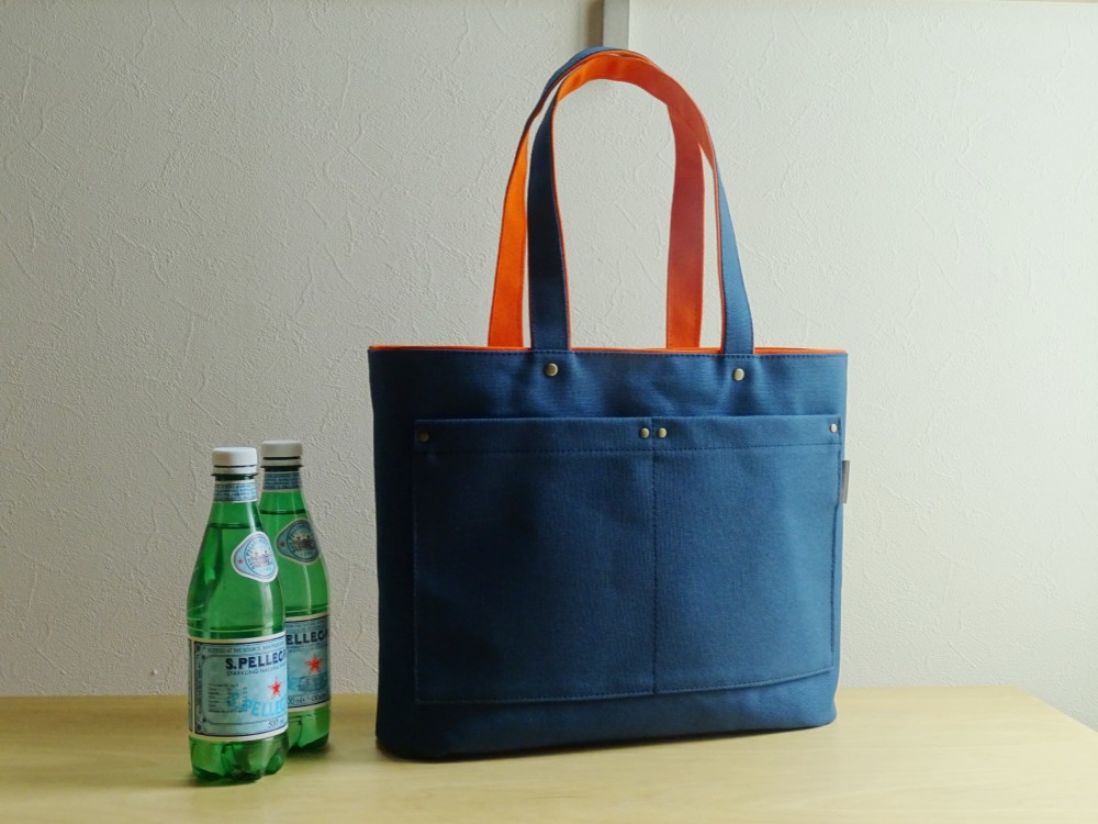 2色づかいの帆布トート《A4横》ネイビー×オレンジ