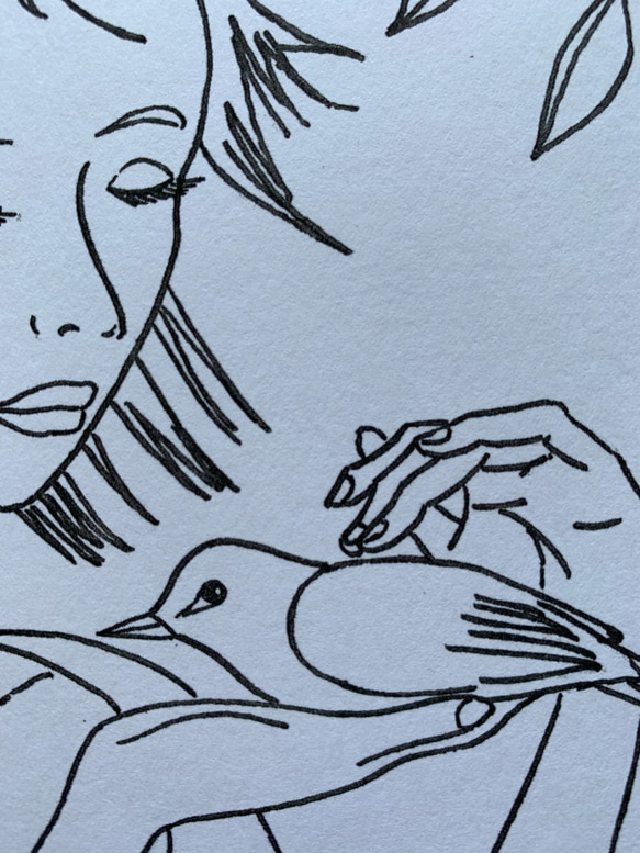 イラスト　鳥と少女　線画　A4サイズ 4枚目の画像