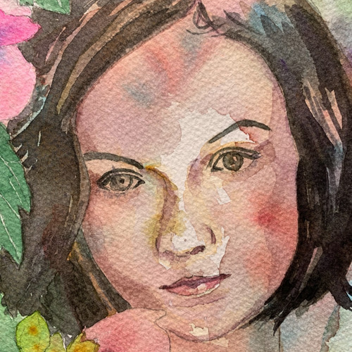 透明水彩画 原画 「スイセンと梅の花」額縁付 F4サイズ 風景画