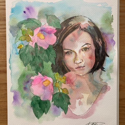 水彩画 少女と花（原画、F4サイズ、額付き） Girl and Flower 絵画