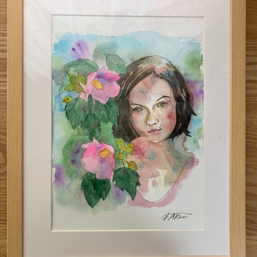 水彩画 少女と花（原画、F4サイズ、額付き） Girl and Flower 絵画 