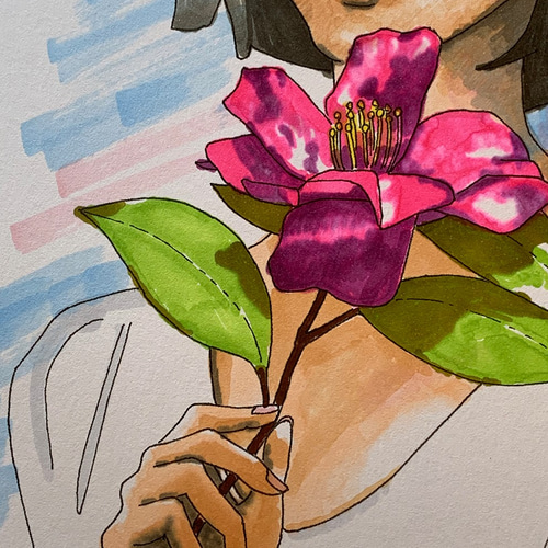 イラスト 花をもつ少女 A4サイズ コピック着彩 イラスト Butterfly