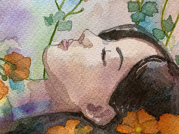 水彩画　蝶と少女（原画、F4サイズ、額付き）butterfly and Girl in the meadow 2枚目の画像