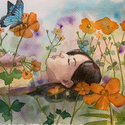 水彩画　蝶と少女（原画、F4サイズ、額付き）butterfly and Girl in the meadow 3枚目の画像