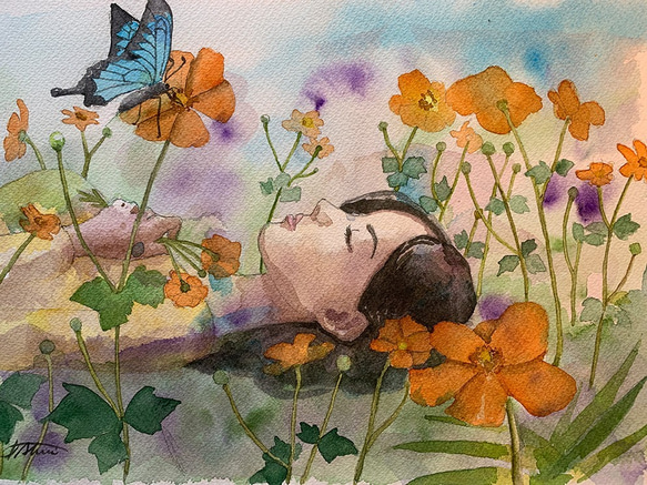 水彩画　蝶と少女（原画、F4サイズ、額付き）butterfly and Girl in the meadow 3枚目の画像