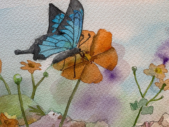 水彩画　蝶と少女（原画、F4サイズ、額付き）butterfly and Girl in the meadow 4枚目の画像