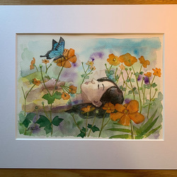 水彩画　蝶と少女（原画、F4サイズ、額付き）butterfly and Girl in the meadow 5枚目の画像