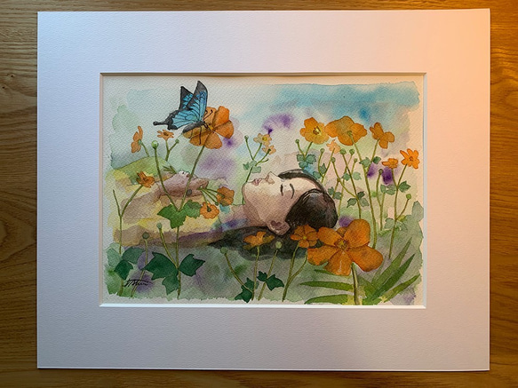 水彩画　蝶と少女（原画、F4サイズ、額付き）butterfly and Girl in the meadow 5枚目の画像