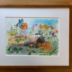 水彩画　蝶と少女（原画、F4サイズ、額付き）butterfly and Girl in the meadow 6枚目の画像