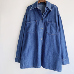 深海藍簡約薄料素面 古著翻領棉質牛仔襯衫上衣 vintage Shirt 第1張的照片