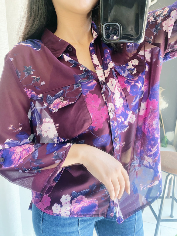 紫羅蘭青春浪漫滿滿透膚花卉 古著紡紗襯衫上衣vintage Shirt 第5張的照片