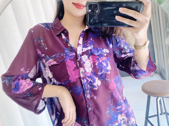 紫羅蘭青春浪漫滿滿透膚花卉 古著紡紗襯衫上衣vintage Shirt 第8張的照片