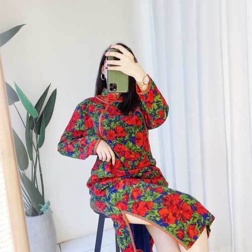 ブリリアントレッド×ダークブルー2色チャイナドレスヴィンテージ  