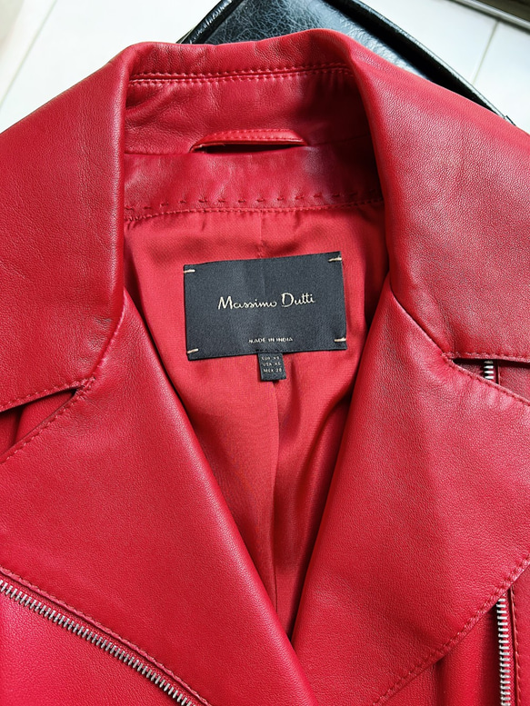 純紅側拉鍊騎士版型羊皮皮衣 古董羊革真皮皮外套 Leather jacket 第2張的照片