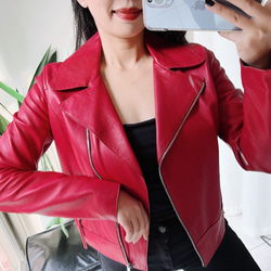 純紅側拉鍊騎士版型羊皮皮衣 古董羊革真皮皮外套 Leather jacket 第8張的照片