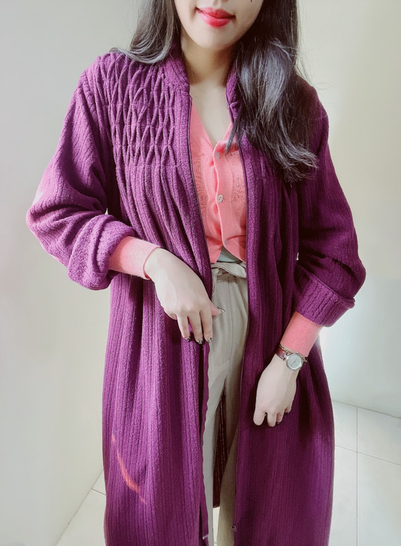 紫羅蘭皺摺壓紋 古董薄質拉鍊夾克長版風衣外套 dustcoat jacket 第4張的照片