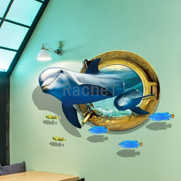 ウォールステッカーB74　クジラ　窓　3D 水族館　海底　DIY　送料無料 剥がせるシール 壁シール インテリア雑貨 魚 2枚目の画像