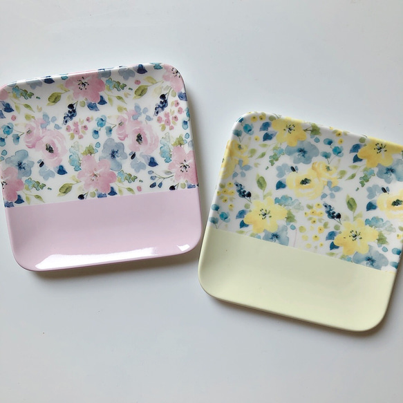 ポーセラーツ  スクエアプレート  プレート　ペア ペアスクエアプレート ポーセラーツ 小皿 ポーセラーツサロン 咲～emi