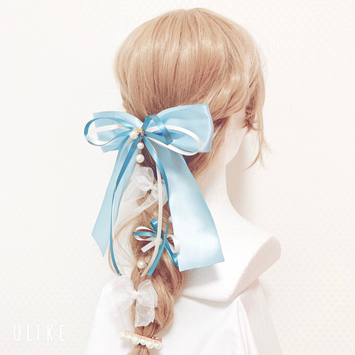おっきなゆめいろリボンのヘアアクセサリーセット(ブルー