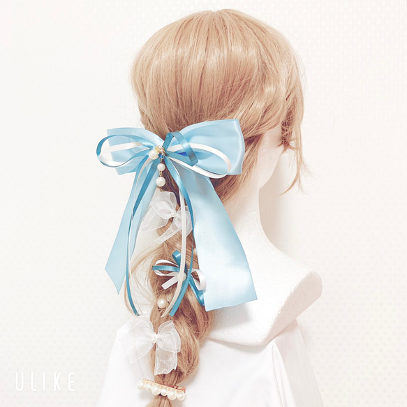 no.40 ハンドメイド　4種のリボンを組み合わせた大ぶりヘアアクセサリー おっきなゆめいろリボンのヘアアクセサリーセット(ブルー✕ブルー