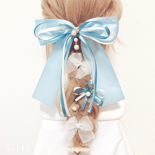 おっきなゆめいろリボンのヘアアクセサリーセット(ブルー