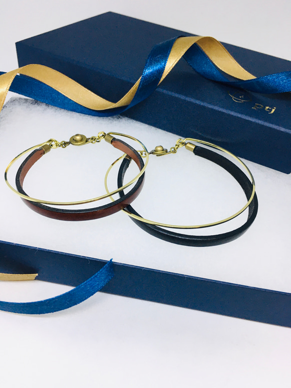 ペア価格 刻印無料 　イタリアンレザー x brassブレスレット 7枚目の画像