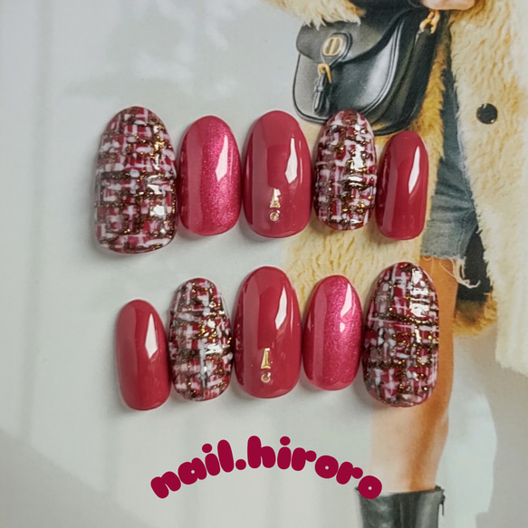 再販4】ピンク×ボルドー×ツイード（ネイルチップ シンプル キラキラ  