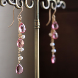 粉紅色托帕石和淡水珍珠耳環 第2張的照片
