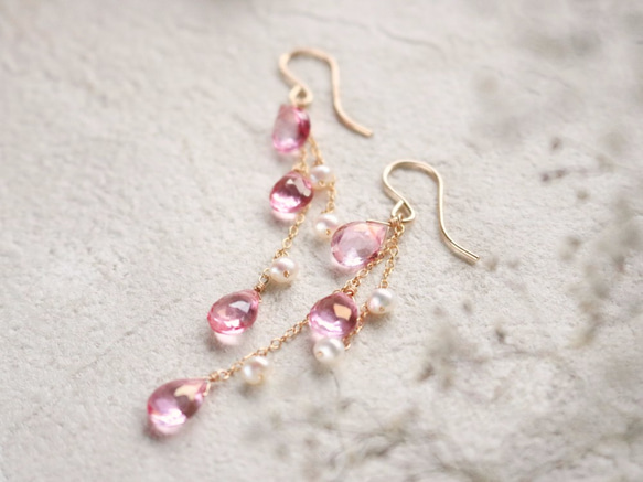 粉紅色托帕石和淡水珍珠耳環 第5張的照片