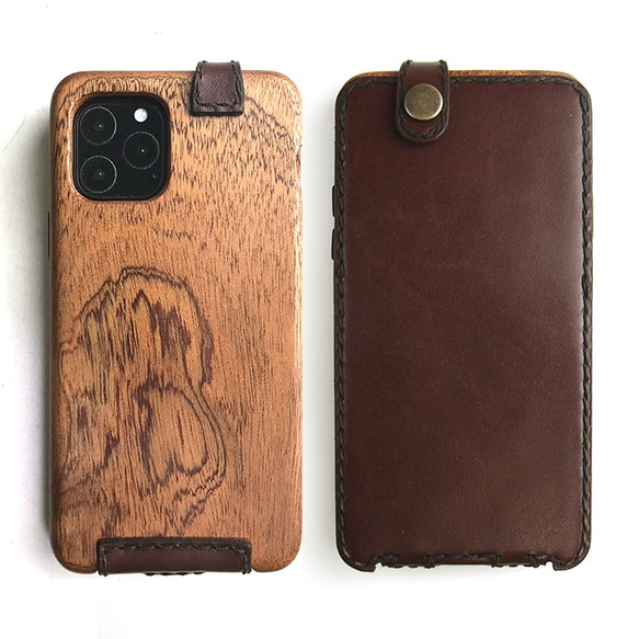 iPhone 11 Pro 手機殼由木頭和皮革製成 垂直開口 [國內免費送貨：定做] 第2張的照片