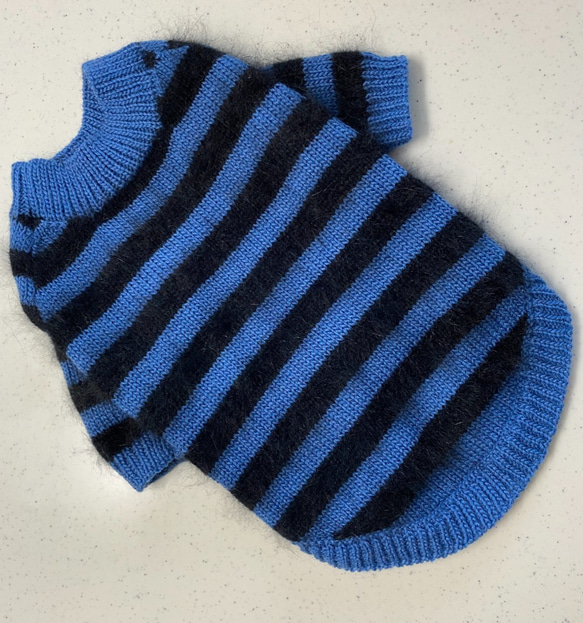 家庭編み機で編んだ子犬用アンゴラセーター《ブルー×黒 》 2枚目の画像