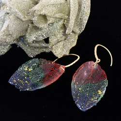 [定做] 3色（天然青金石、孔雀石、硃砂）和純金上色・葉子花邊耳環・14kgf 第7張的照片