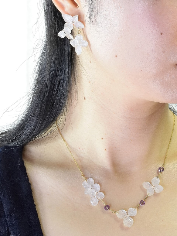 【銀泥染め】葉脈アジサイとアメジストのネックレス・14kgf 8枚目の画像