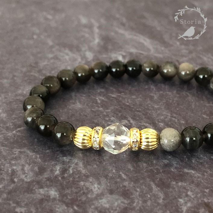 【精神的成長のサポート】オブシディアン（黒曜石）×スターカット水晶 ブレスレット