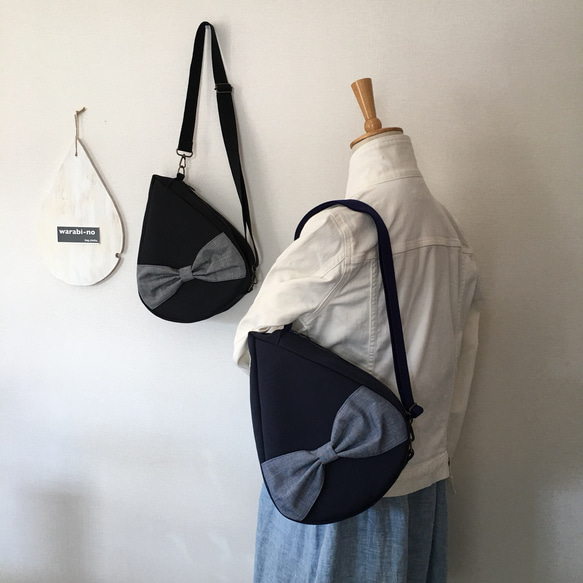 DROP.BAG.RIBON.しずくバッグ。ネイビー。倉敷帆布8号3wayショルダーバッグ　リボンVer.　 3枚目の画像