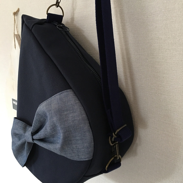 DROP.BAG.RIBON.しずくバッグ。ネイビー。倉敷帆布8号3wayショルダーバッグ　リボンVer.　 4枚目の画像