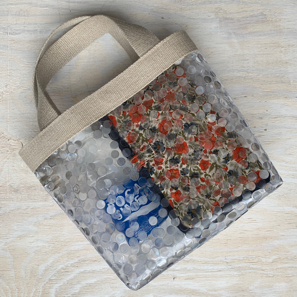 ミニバッグから始めるリネンとPVCの異素材バッグ。重なりドット。warabi-no 7枚目の画像