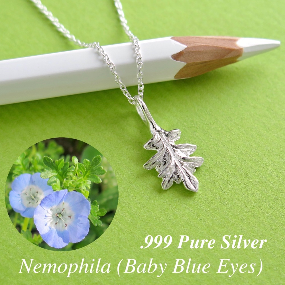 [純銀製] ネモフィラの小さなリーフペンダント, シルバーチェーン40cm＋5cm, ハーブジュエリー, 一点物