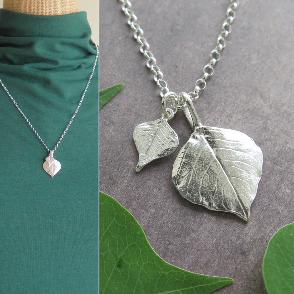 [純銀製]ナンキンハゼのダブルリーフペンダント, シルバーチェーン 55cm+チェーンアジャスター, 一点物